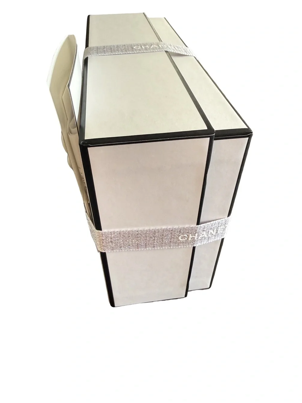 CHANEL White Camellia Floral Ribbon Accent with Silver-Gray Logo Ribbon